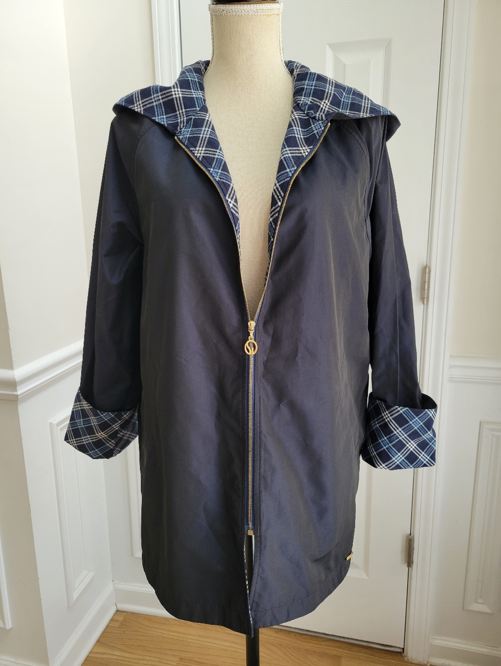 St John Sport Navy Zip Jacket Plaid Trim Hooded‎ Lightweight Size S